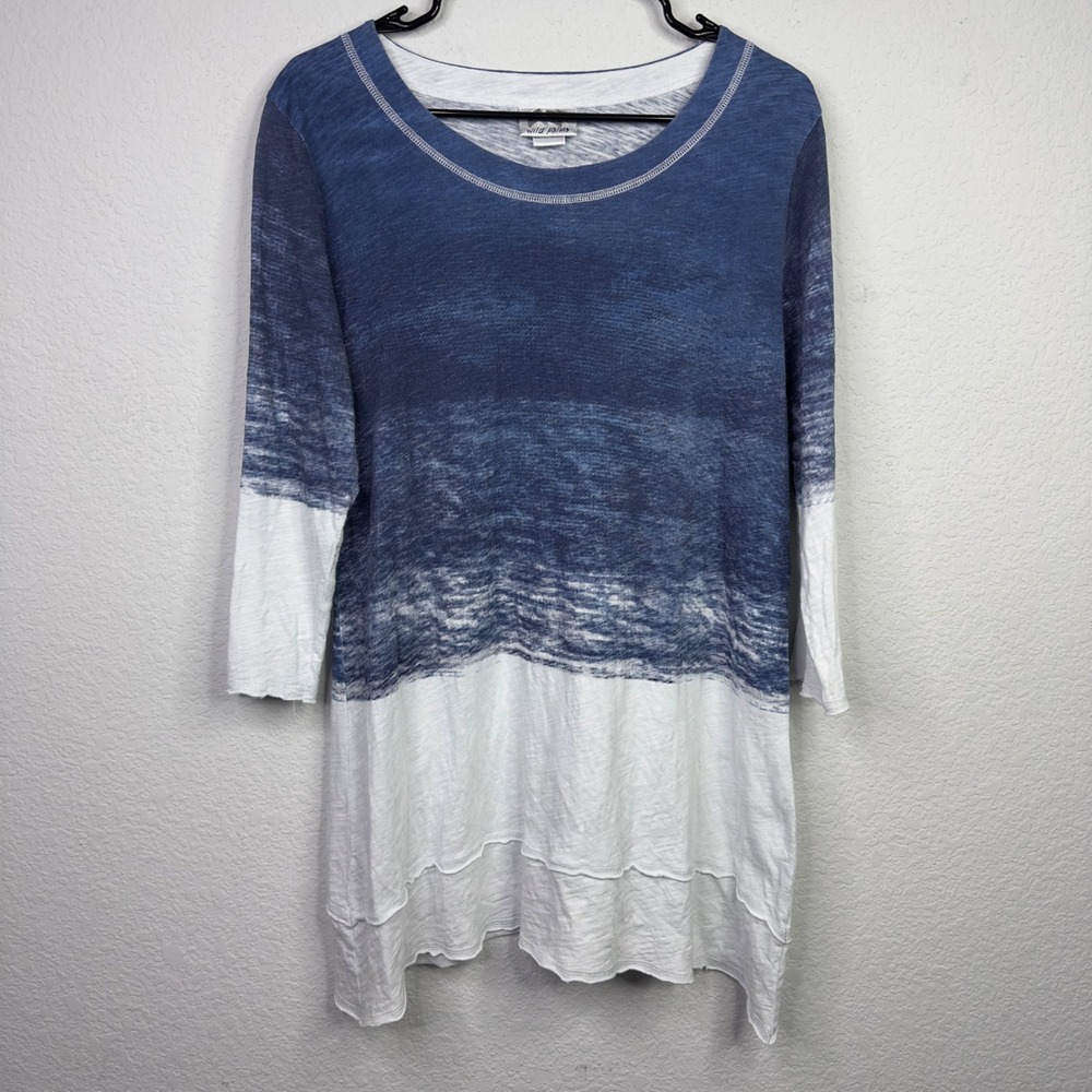 Wild Palms Shirt Women M Blue White Ombre Sharkbite Tunic Coastal Boho Lagenlook